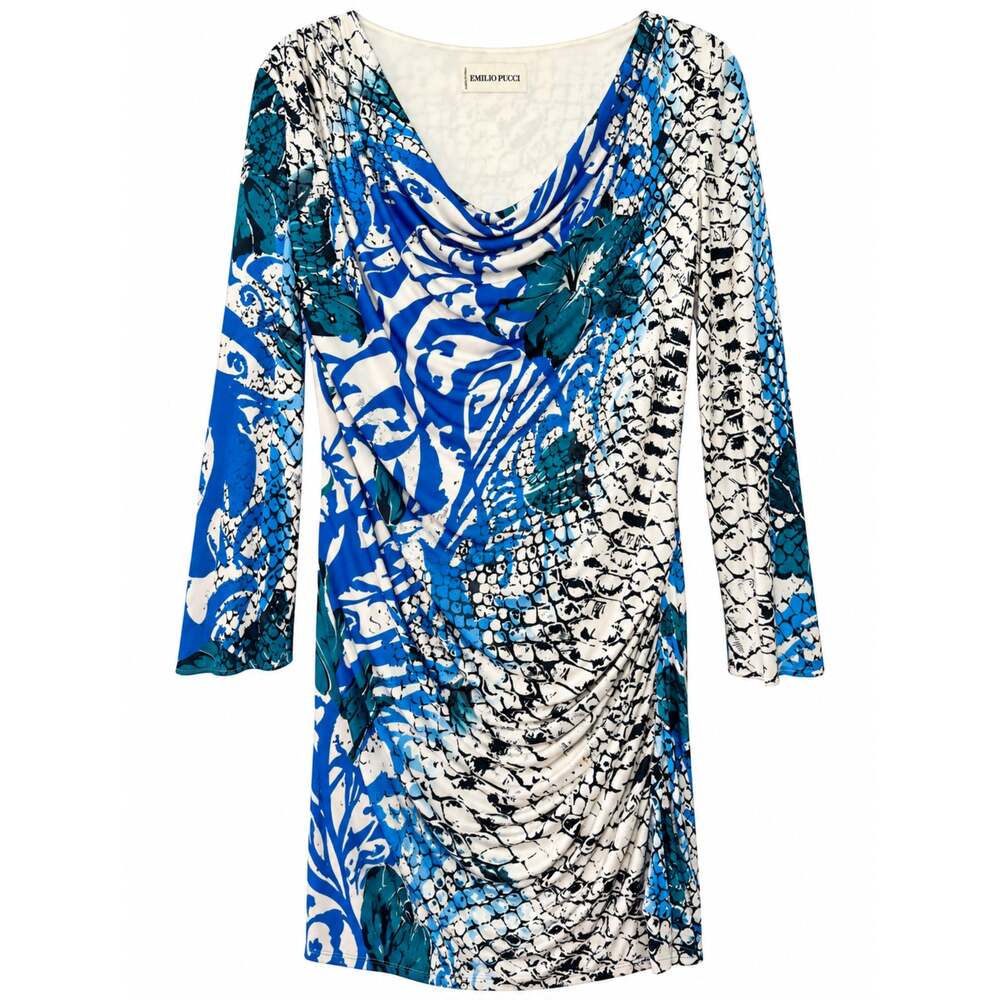 Emilio Pucci Ruched Long Sleeve Dress with Floral and Snakeskin Print Size IT 44